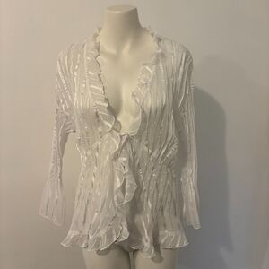 Notations size XL Sheer White Ruffle Y2K Tie Front 70s Style Office Siren Blouse